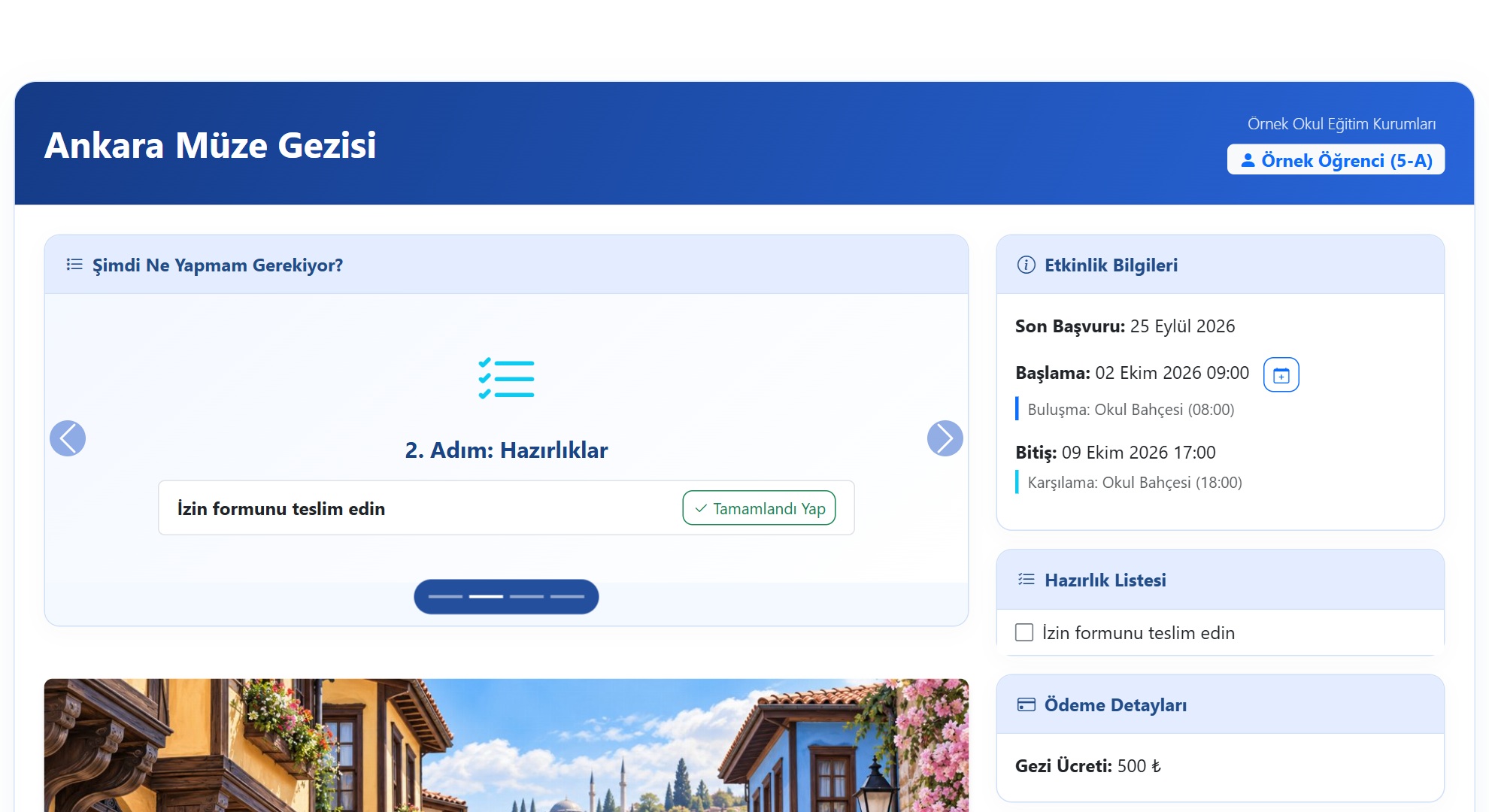 Velinin etkinlik bilgilerini ve hazırlık listesini gördüğü ekran